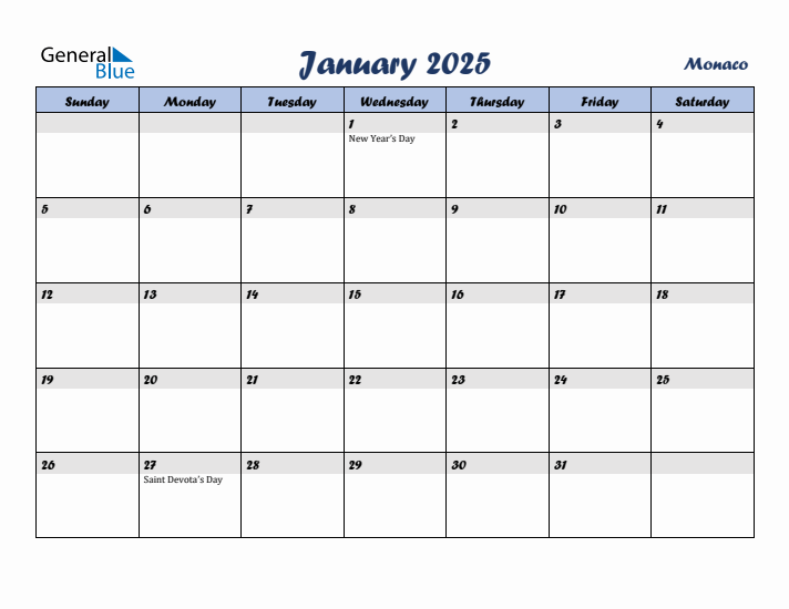 January 2025 Calendar with Holidays in Monaco