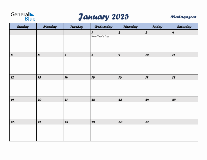 January 2025 Calendar with Holidays in Madagascar