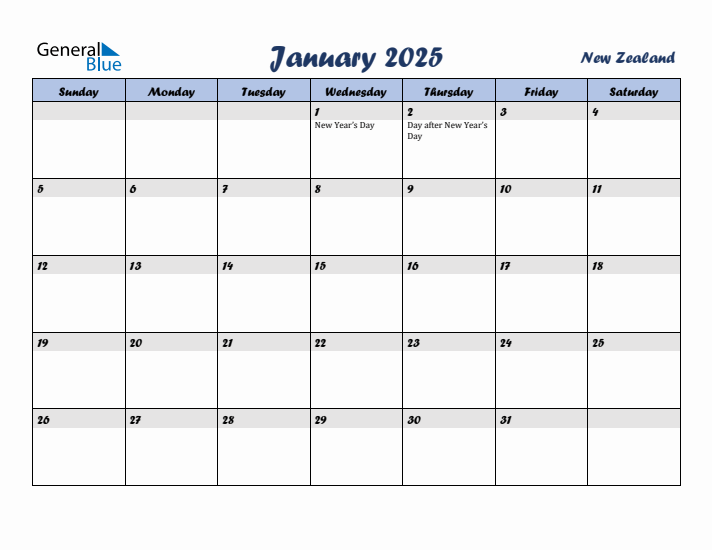 January 2025 Calendar with Holidays in New Zealand