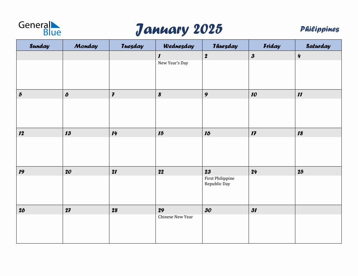 January 2025 Monthly Calendar Template with Holidays for Philippines