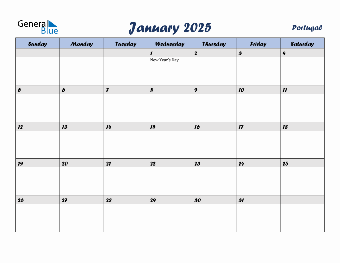 January 2025 Monthly Calendar Template with Holidays for Portugal