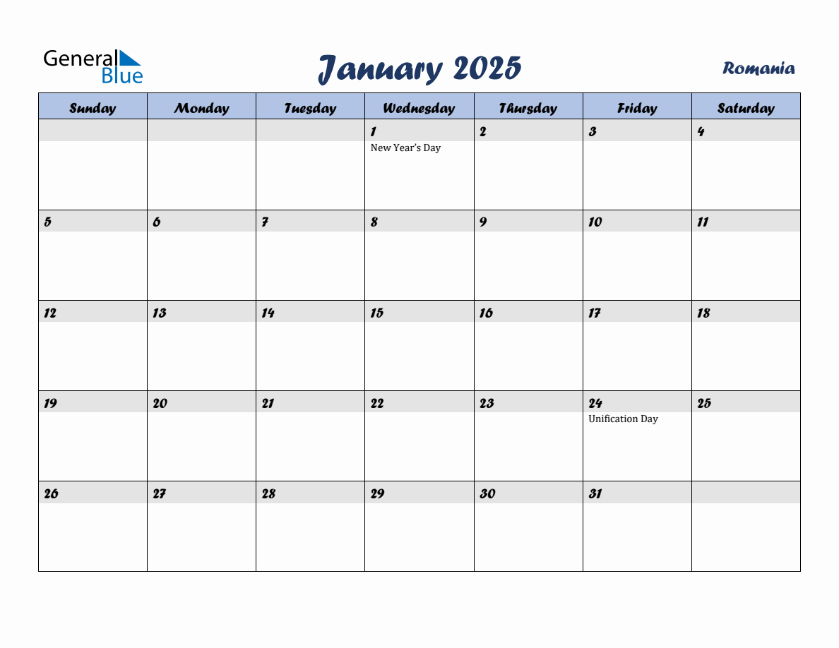 January 2025 Monthly Calendar Template with Holidays for Romania