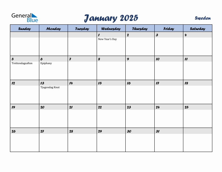 January 2025 Calendar with Holidays in Sweden