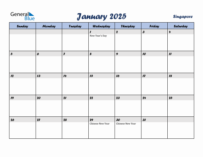 January 2025 Monthly Calendar Template with Holidays for Singapore