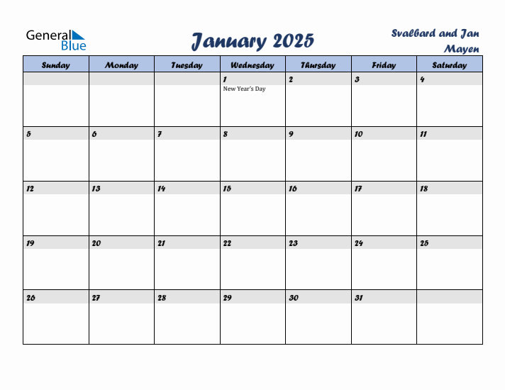 January 2025 Calendar with Holidays in Svalbard and Jan Mayen