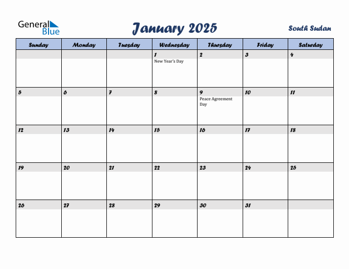 January 2025 Calendar with Holidays in South Sudan