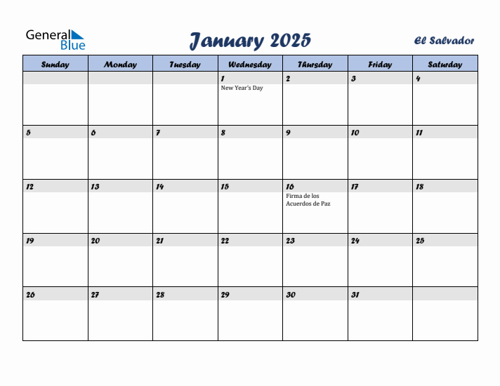 January 2025 Calendar with Holidays in El Salvador