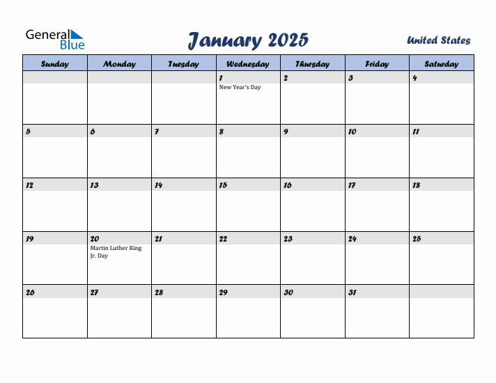 January 2025 Calendar with Holidays in United States