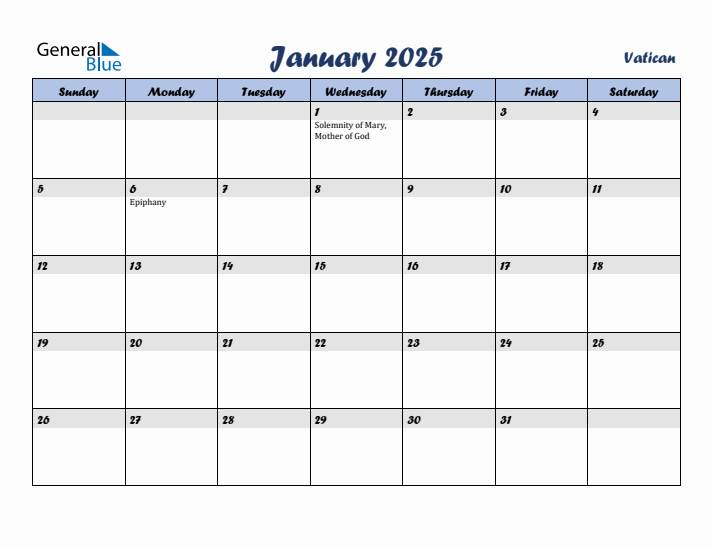 January 2025 Calendar with Holidays in Vatican