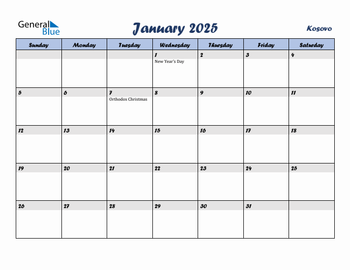 January 2025 Calendar with Holidays in Kosovo