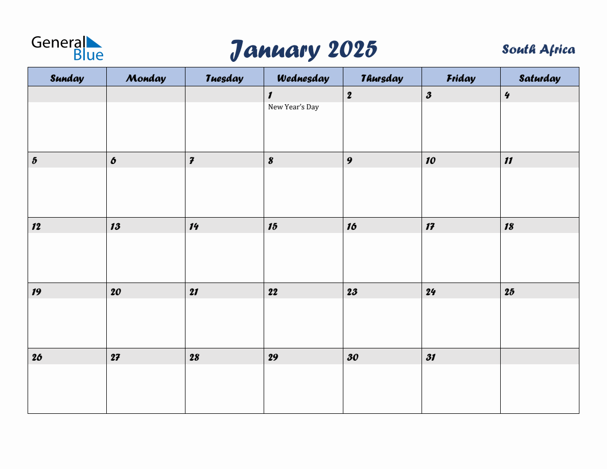 January 2025 Monthly Calendar Template with Holidays for South Africa