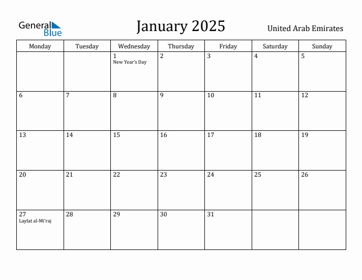 January 2025 United Arab Emirates Monthly Calendar with Holidays