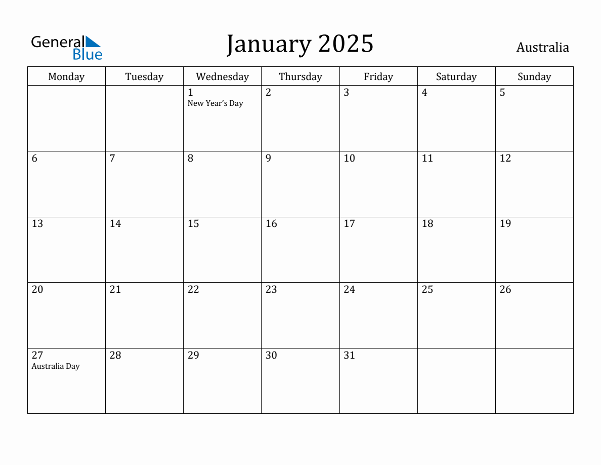 January 2025 Monthly Calendar with Australia Holidays