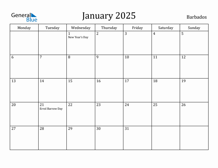 January 2025 Calendar Barbados