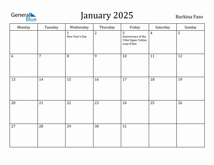 January 2025 Calendar Burkina Faso
