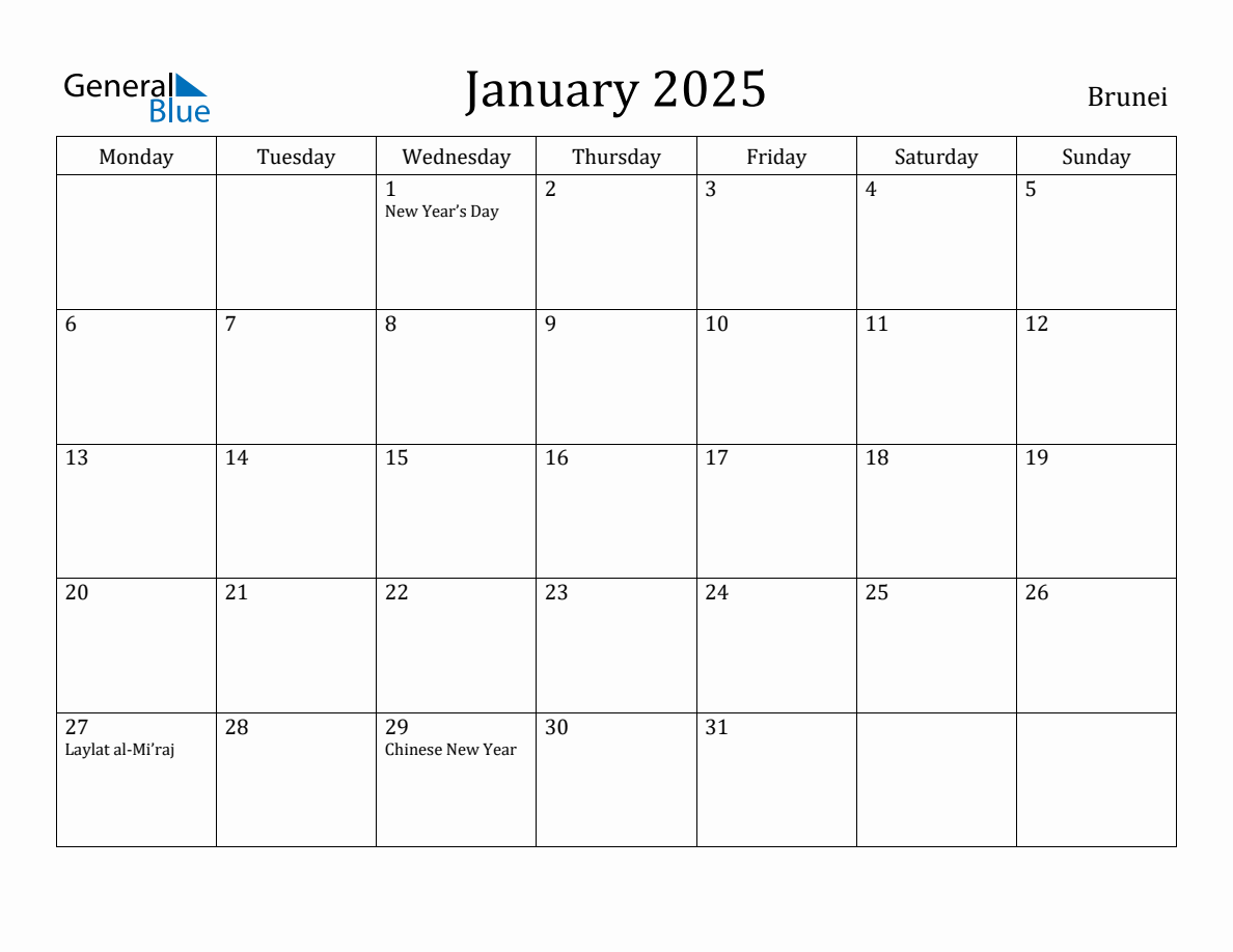 January 2025 Brunei Monthly Calendar with Holidays