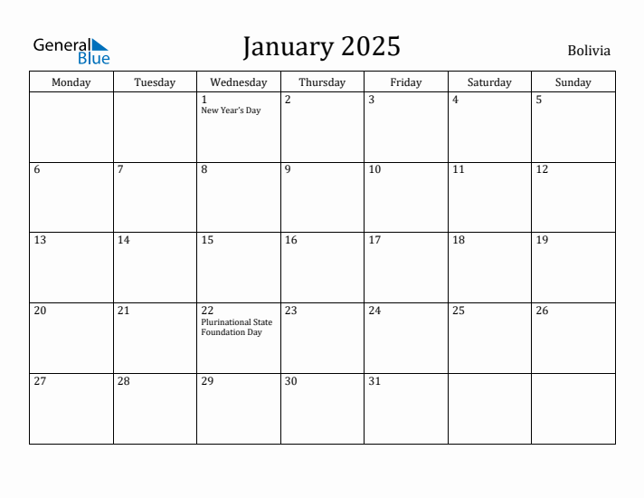 January 2025 Calendar Bolivia