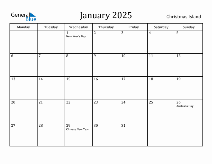January 2025 Christmas Island Monthly Calendar with Holidays