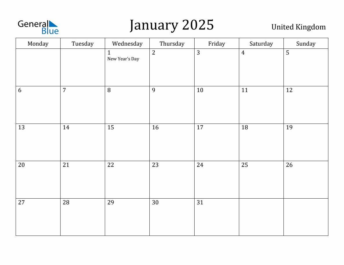 January 2025 - United Kingdom Monthly Calendar with Holidays