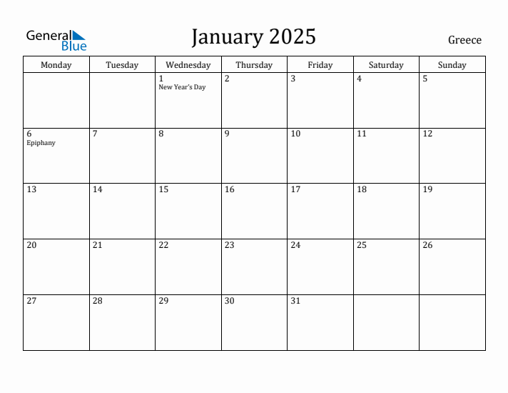 January 2025 Calendar Greece