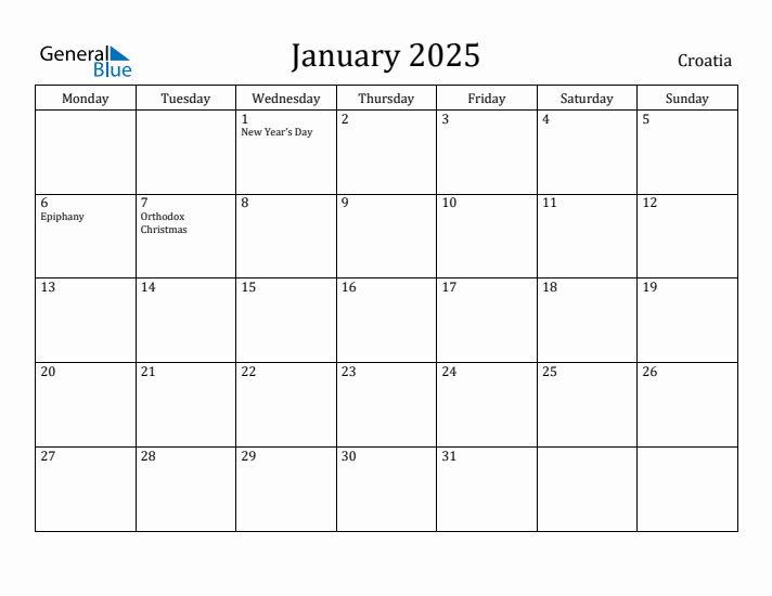 January 2025 Calendar Croatia