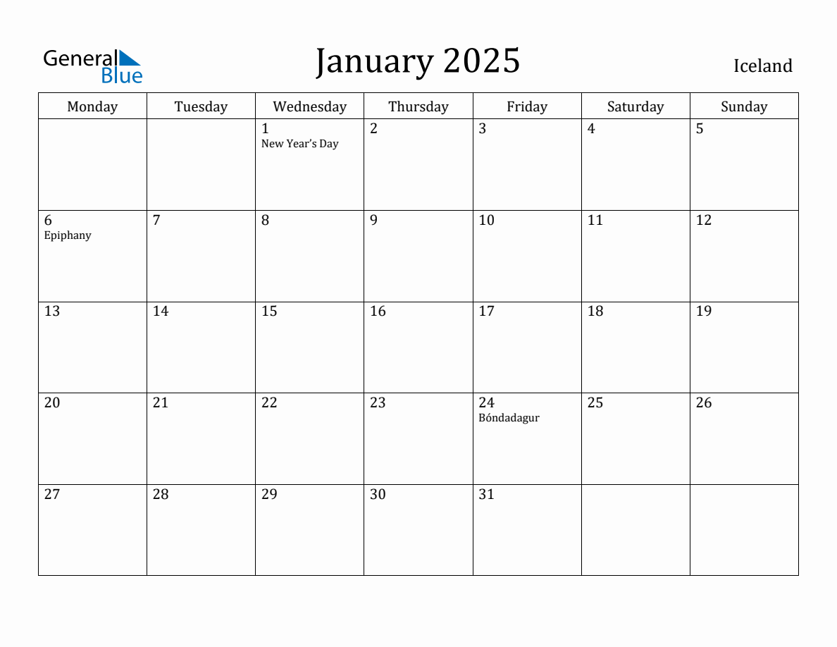 January 2025 Iceland Monthly Calendar with Holidays