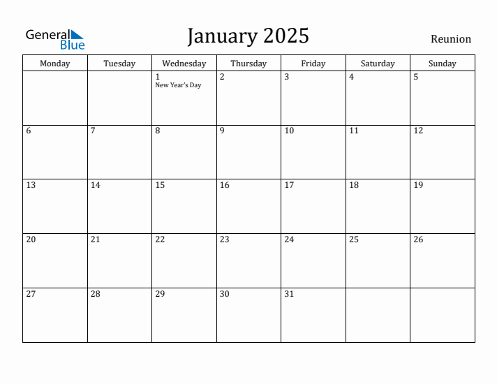 January 2025 Reunion Monthly Calendar with Holidays