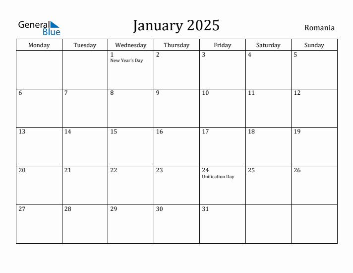 January 2025 Romania Monthly Calendar with Holidays