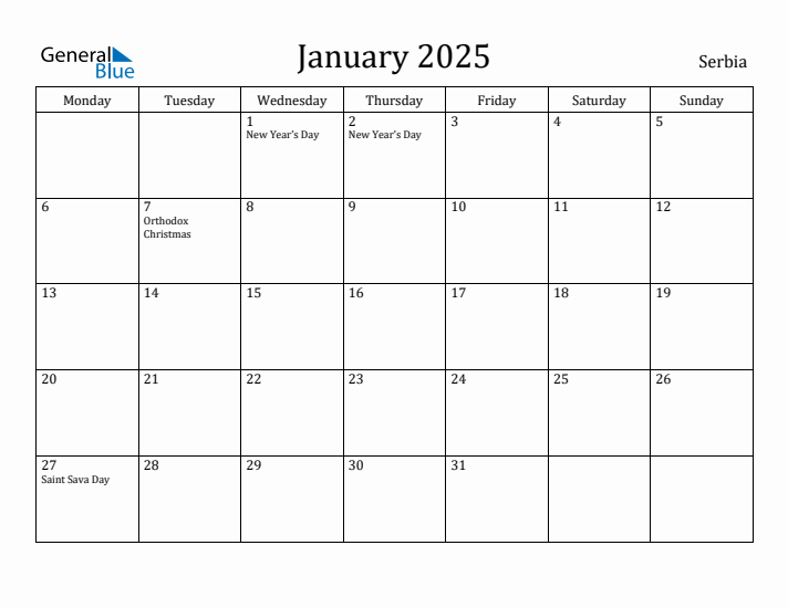 January 2025 Calendar Serbia
