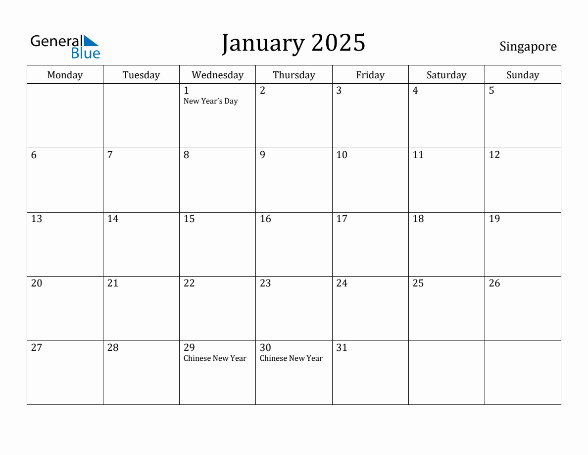 January 2025 Monthly Calendar with Singapore Holidays