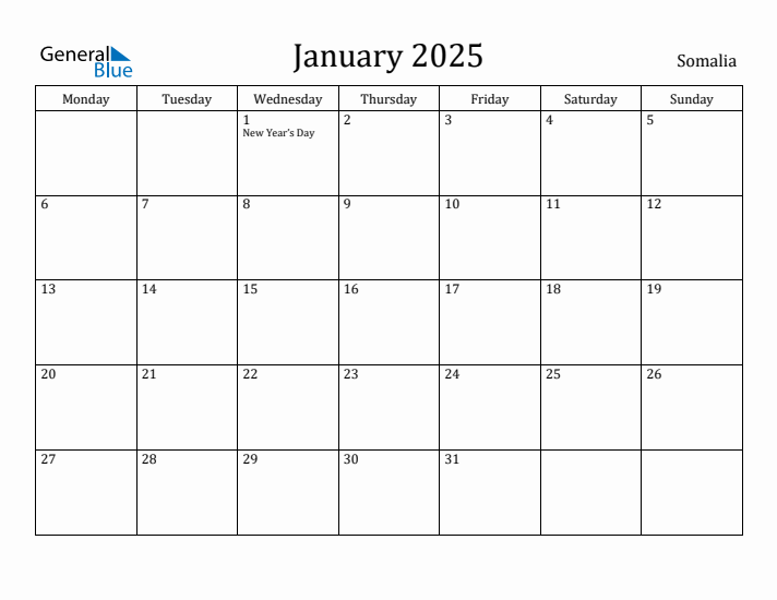 January 2025 Somalia Monthly Calendar with Holidays