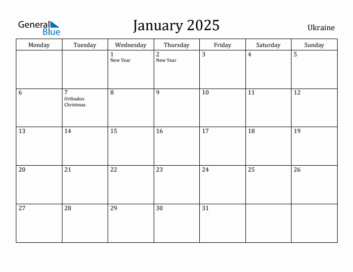 January 2025 Calendar Ukraine