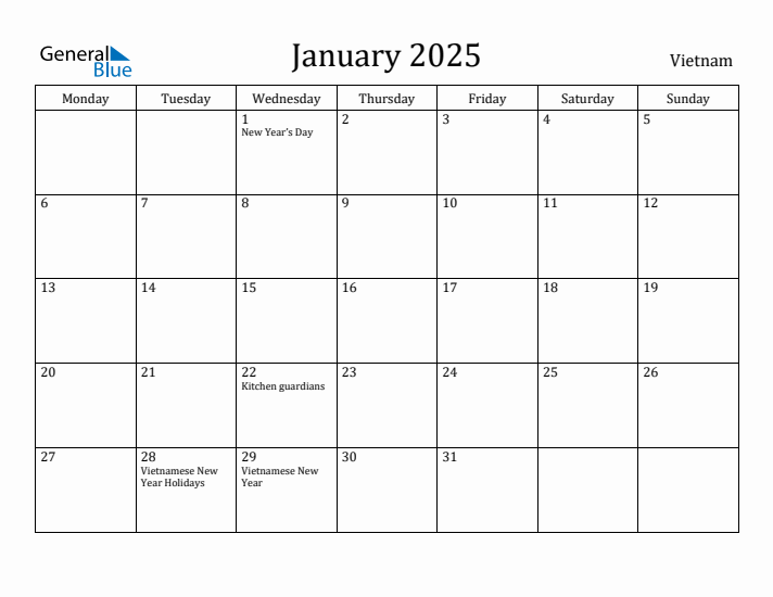 January 2025 Calendar Vietnam