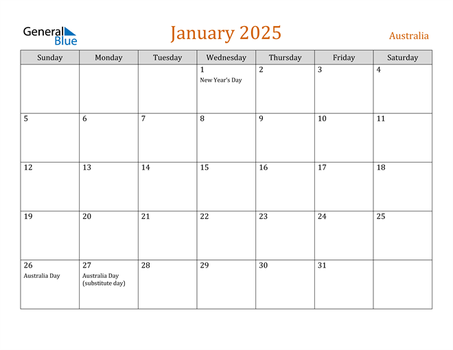 January 2025 Calendar with Australia Holidays