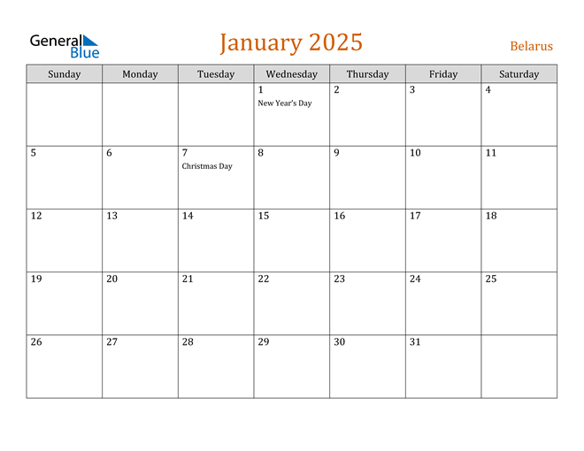 Belarus January 2025 Calendar with Holidays