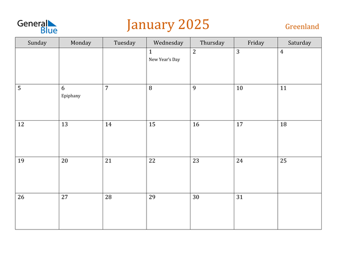 Greenland January 2025 Calendar with Holidays