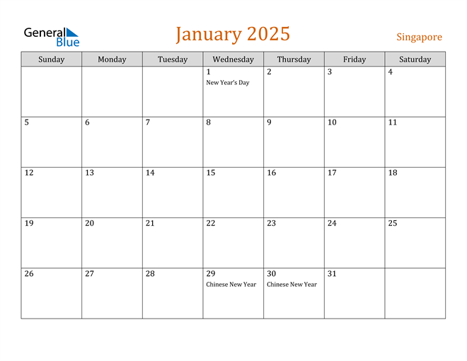 January 2025 Calendar with Singapore Holidays