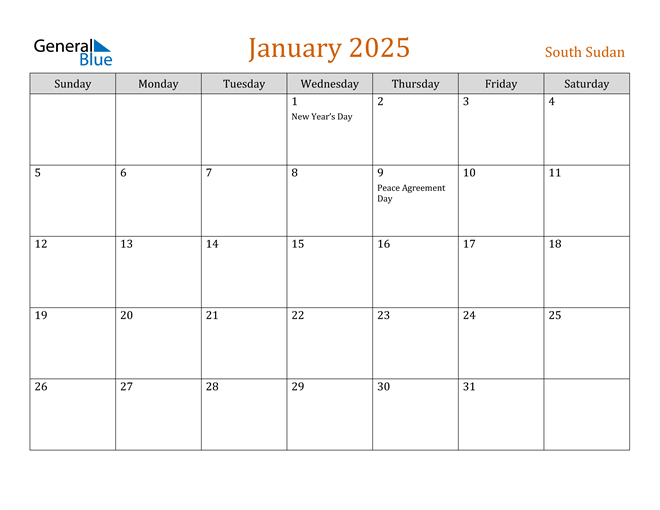 South Sudan January 2025 Calendar with Holidays
