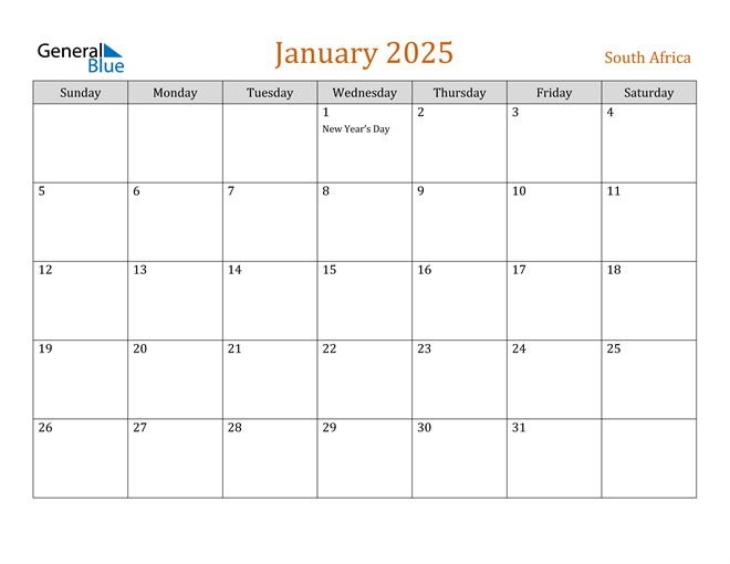 January 2025 Calendar with South Africa Holidays