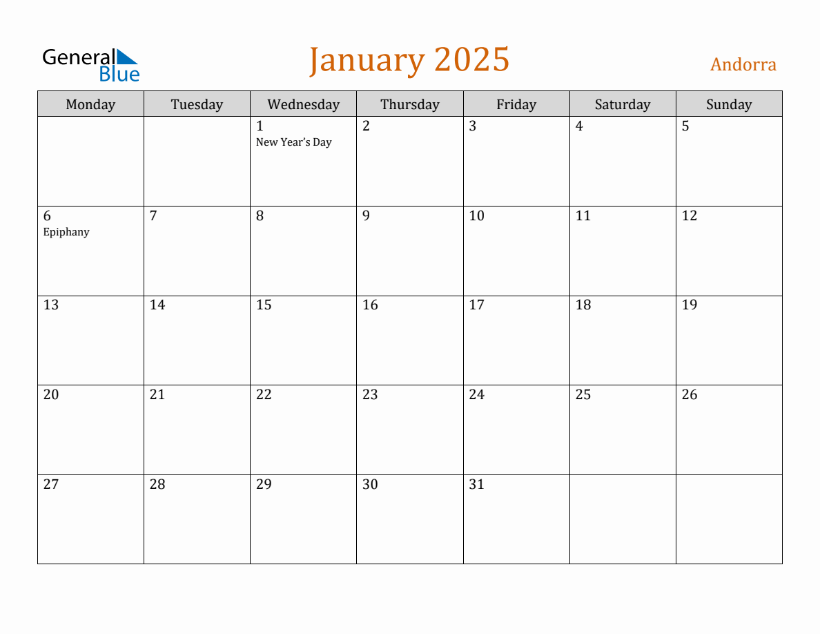 Free January 2025 Andorra Calendar