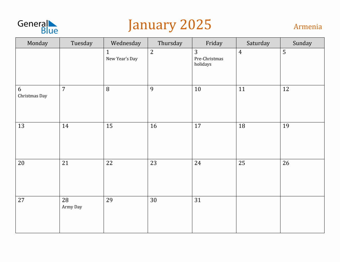 Free January 2025 Armenia Calendar