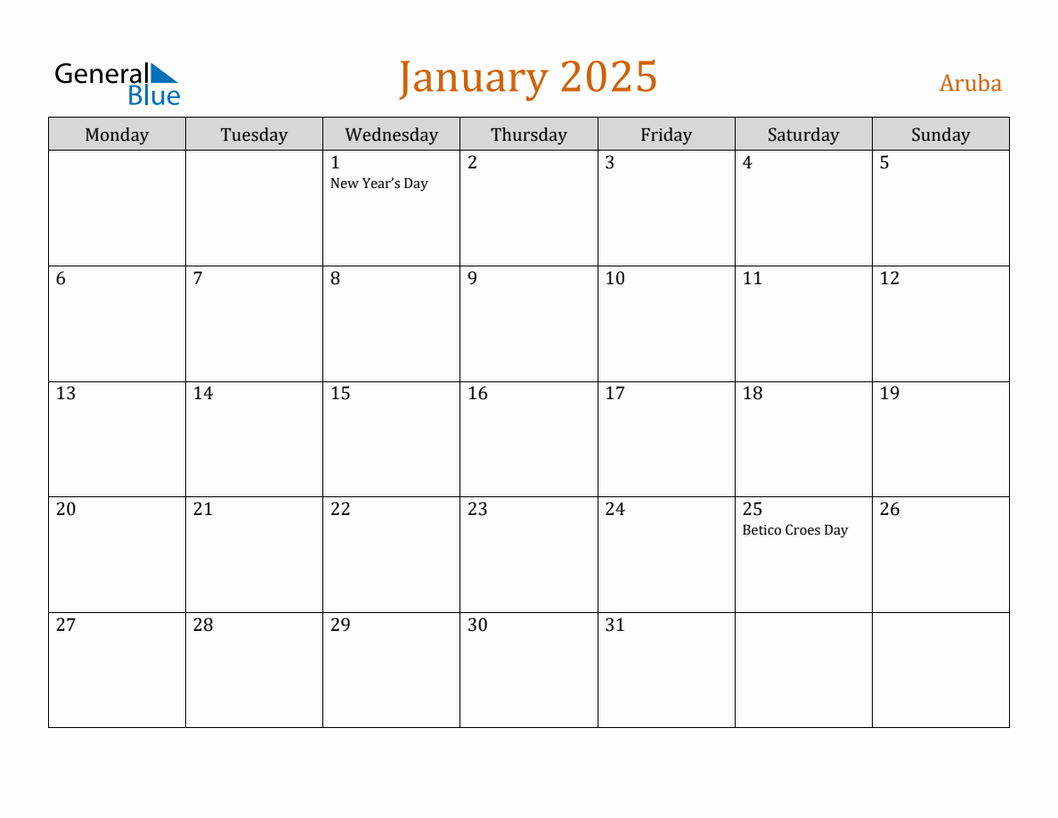 Free January 2025 Aruba Calendar