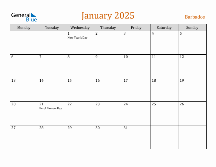 Free January 2025 Barbados Calendar