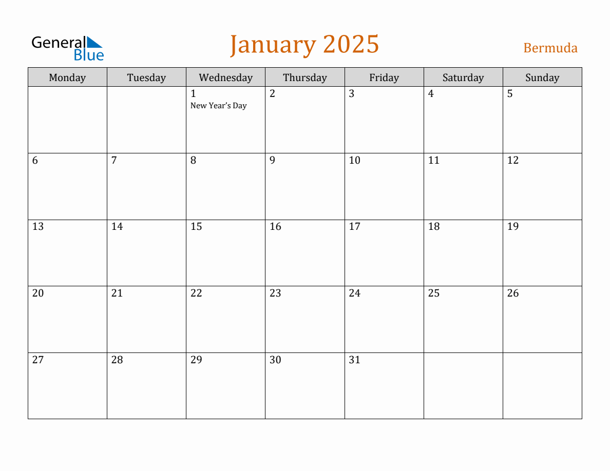 Free January 2025 Bermuda Calendar