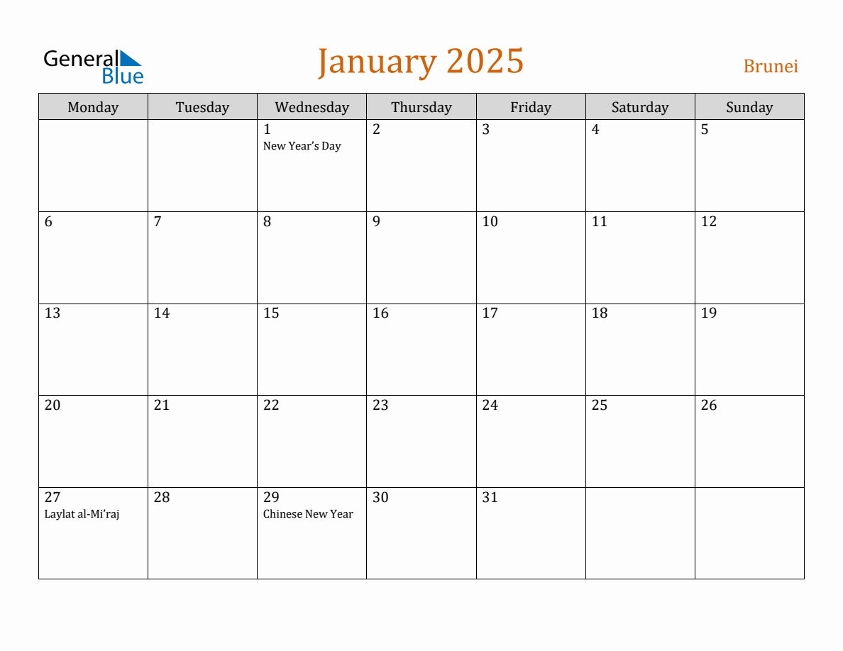 Free January 2025 Brunei Calendar