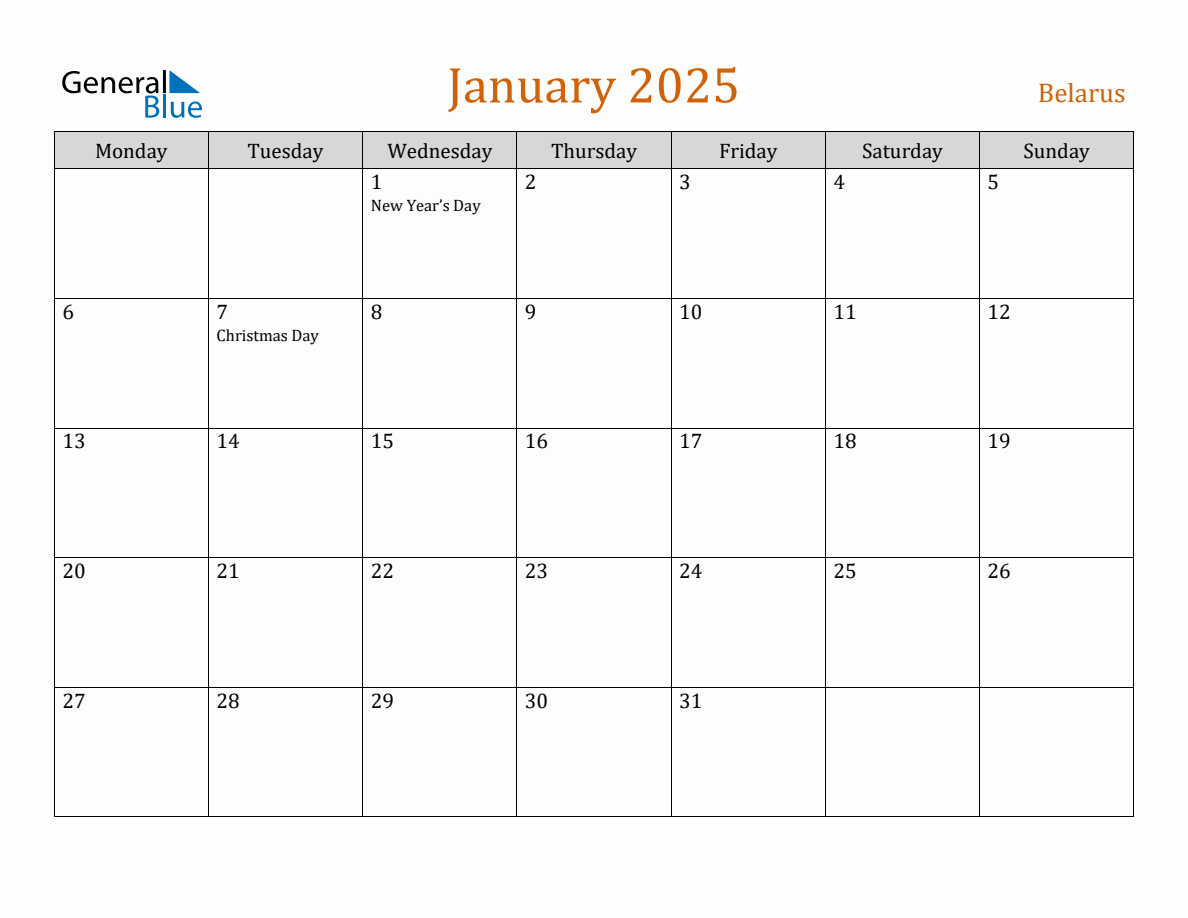 Free January 2025 Belarus Calendar