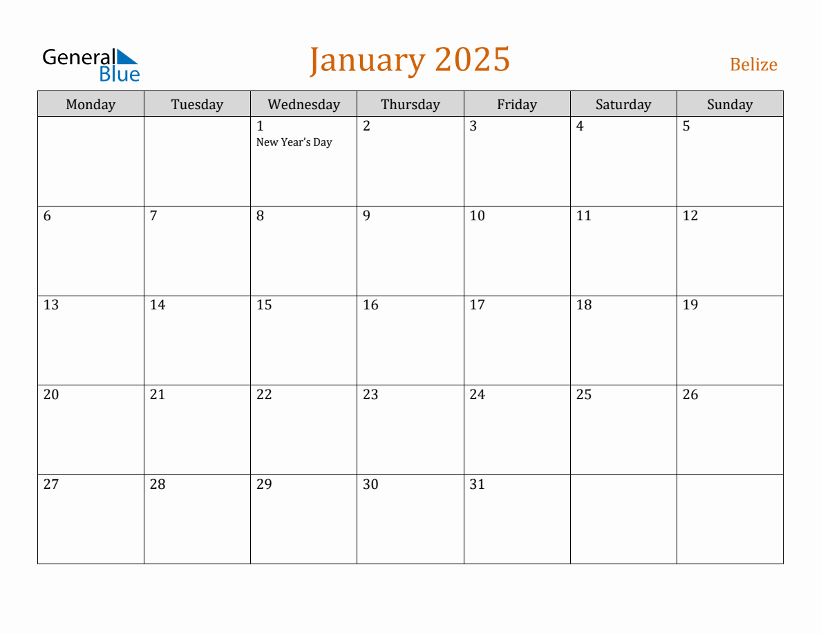 Free January 2025 Belize Calendar