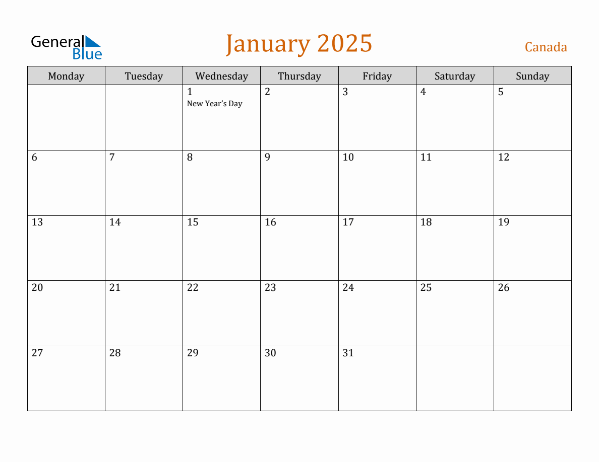 Free January 2025 Canada Calendar