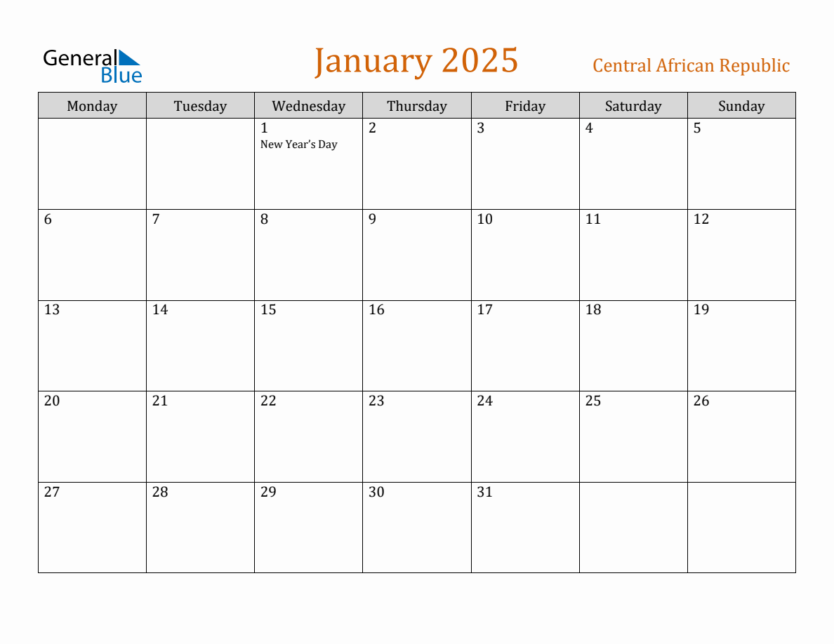 Free January 2025 Central African Republic Calendar