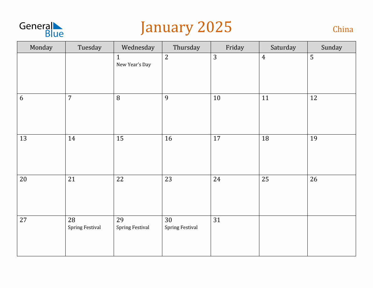 Free January 2025 China Calendar